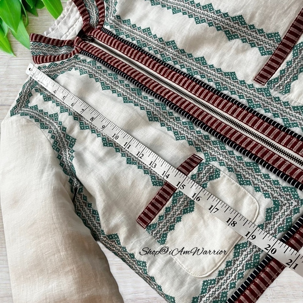 J.Crew Collection NWT Embroidered Boho Ribbon Trim Zip Front Ivory Linen Jacket - Picture 8 of 11